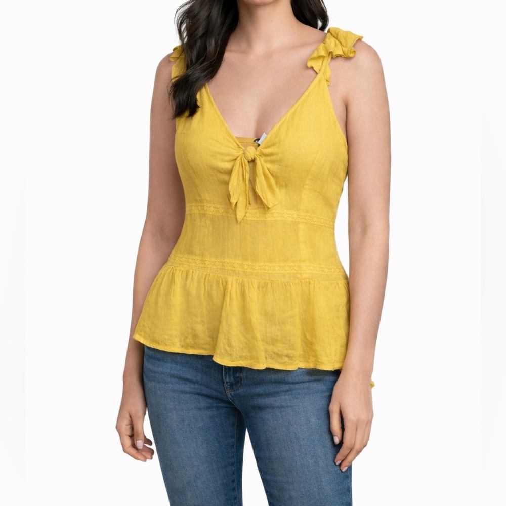 Patrons of Peace Yellow Tie Front Peplum Tank Top Women Size